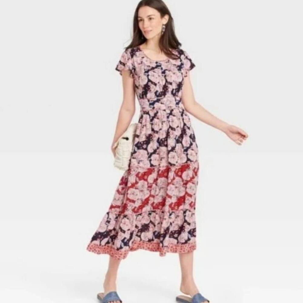Knox Rose Floral Tiered Short Sleeve Blue Red Long Midi Dress Size M